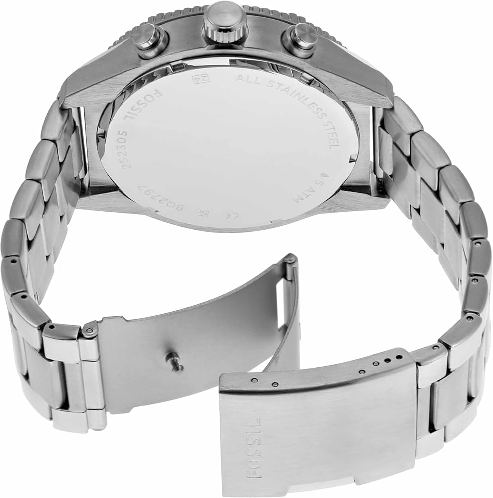 Caseback view of Fossil Brox watch showing silver steel bracelet and deployment clasp