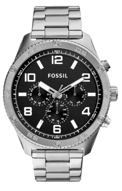 Fossil Brox multifunction watch with black dial, three subdials, silver steel case and bracelet
