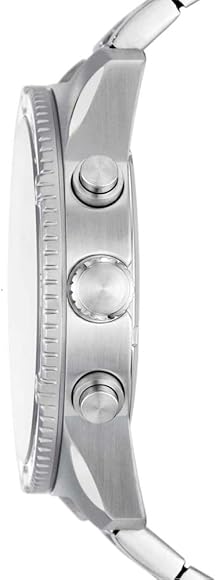 Side view of Fossil Brox watch showing silver steel case profile and chronograph pushers