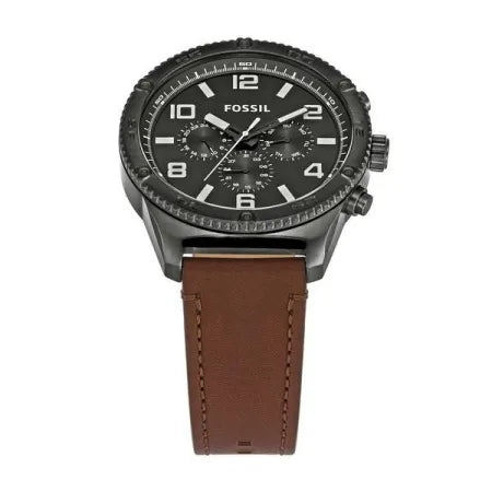 Fossil Brox chronograph watch at three-quarter angle with brown leather strap