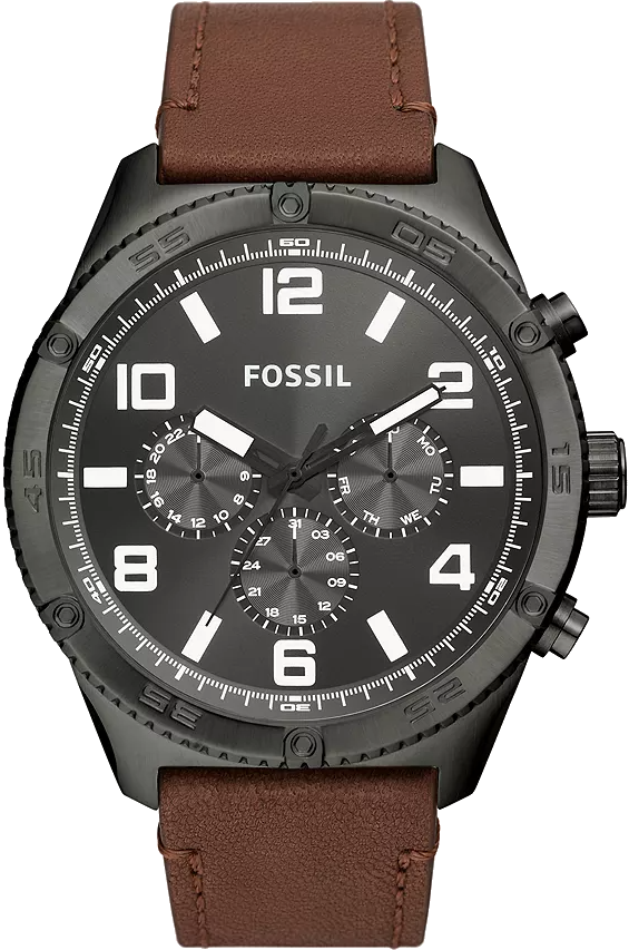 Fossil Brox multifunction watch with gray dial and brown leather strap