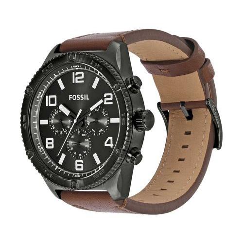 Fossil Brox chronograph watch worn on wrist showing brown leather strap