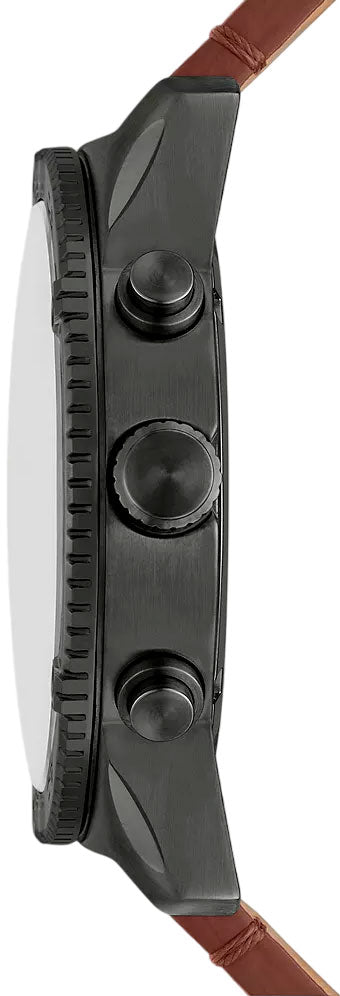 Fossil Brox watch side profile with chronograph pushers and brown strap