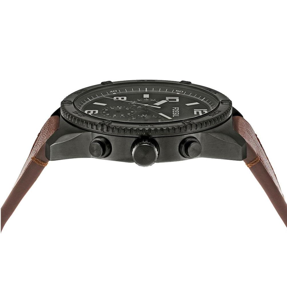 Fossil Brox watch side view showing case profile and brown leather strap