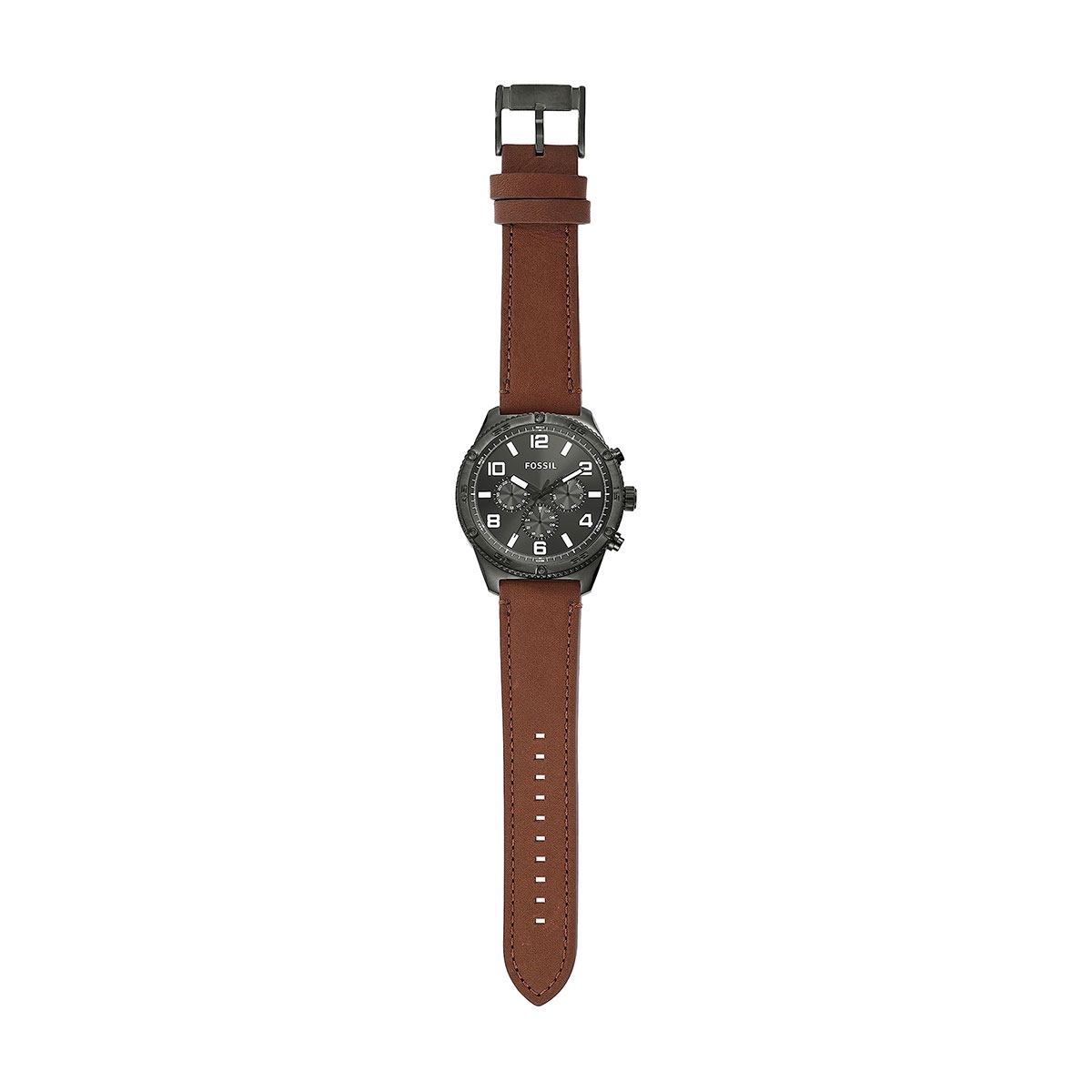 Fossil Brox watch displayed on extended brown leather strap