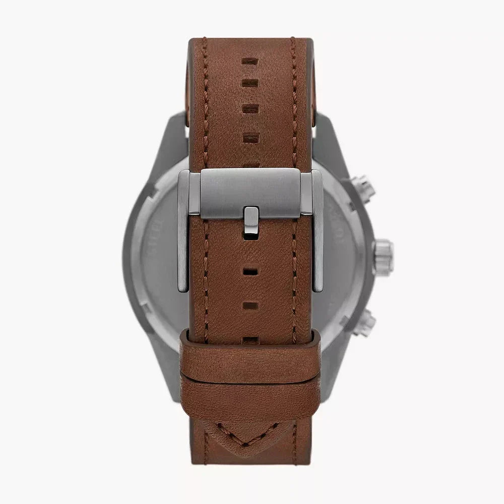 Fossil Brox BQ2801 caseback view showing brown leather strap attachment