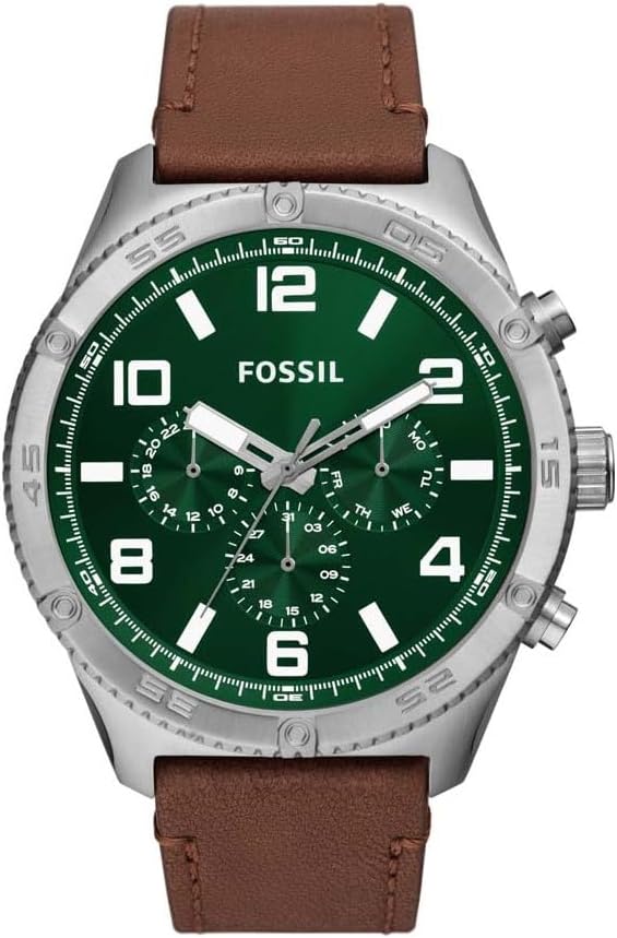 Fossil Brox multifunction watch with green dial, silver case, and brown leather strap