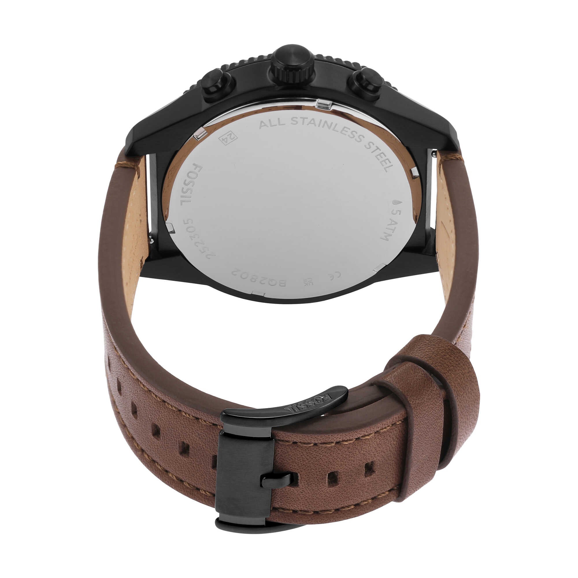 Fossil Brox BQ2802 caseback with stainless steel cover and brown leather strap