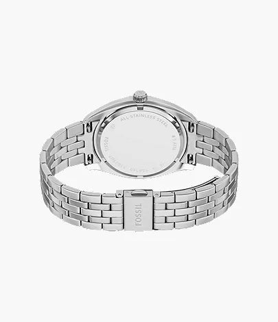 Overhead view of Campbell watch caseback with stainless steel bracelet