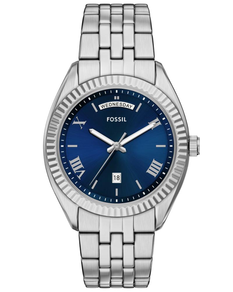 Campbell stainless steel watch with blue dial, day-date window, and three-hand movement
