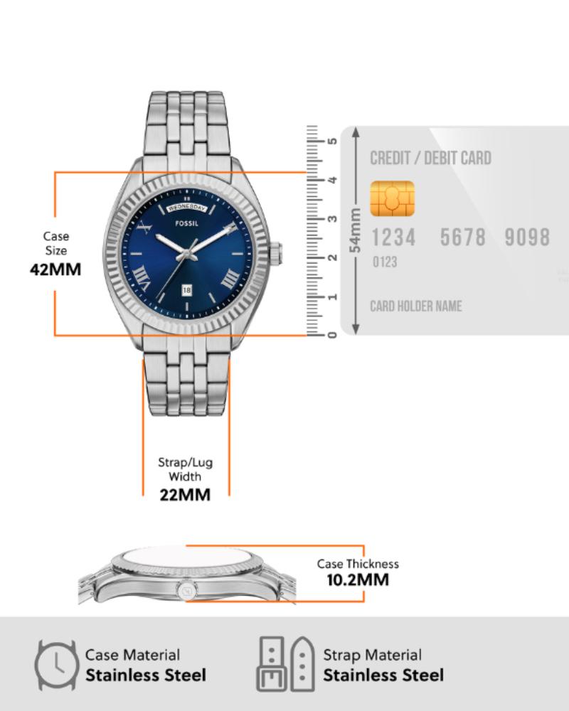 Campbell watch specifications showing 42MM case, 22MM strap width, and 10.2MM case thickness
