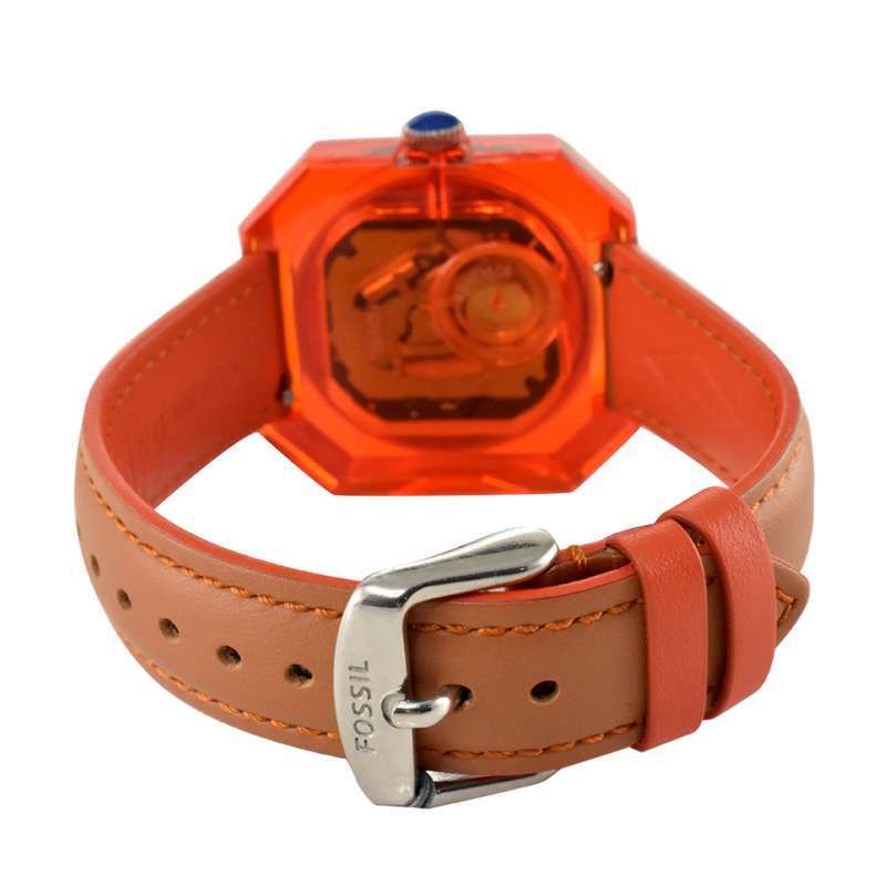 Caseback view of Fossil Candy ES3537 showing orange resin case and brown leather strap detail