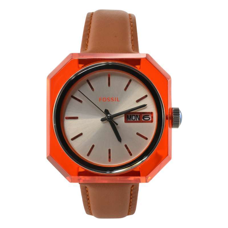 Fossil Candy ES3537 orange case with cream dial, day-date window, and brown leather strap