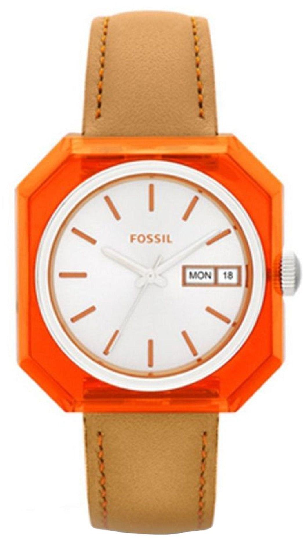 Fossil Candy women's watch with orange square case, cream dial, and brown leather strap