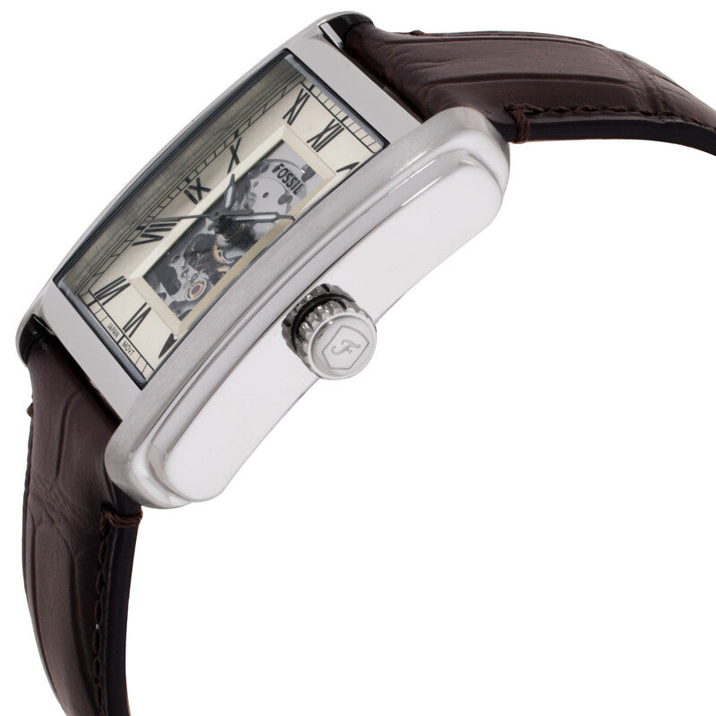 Fossil Carraway watch side view showing rectangular case profile and brown crocodile leather strap