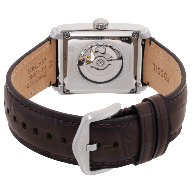 Fossil Carraway automatic watch caseback displaying visible movement and crocodile leather strap