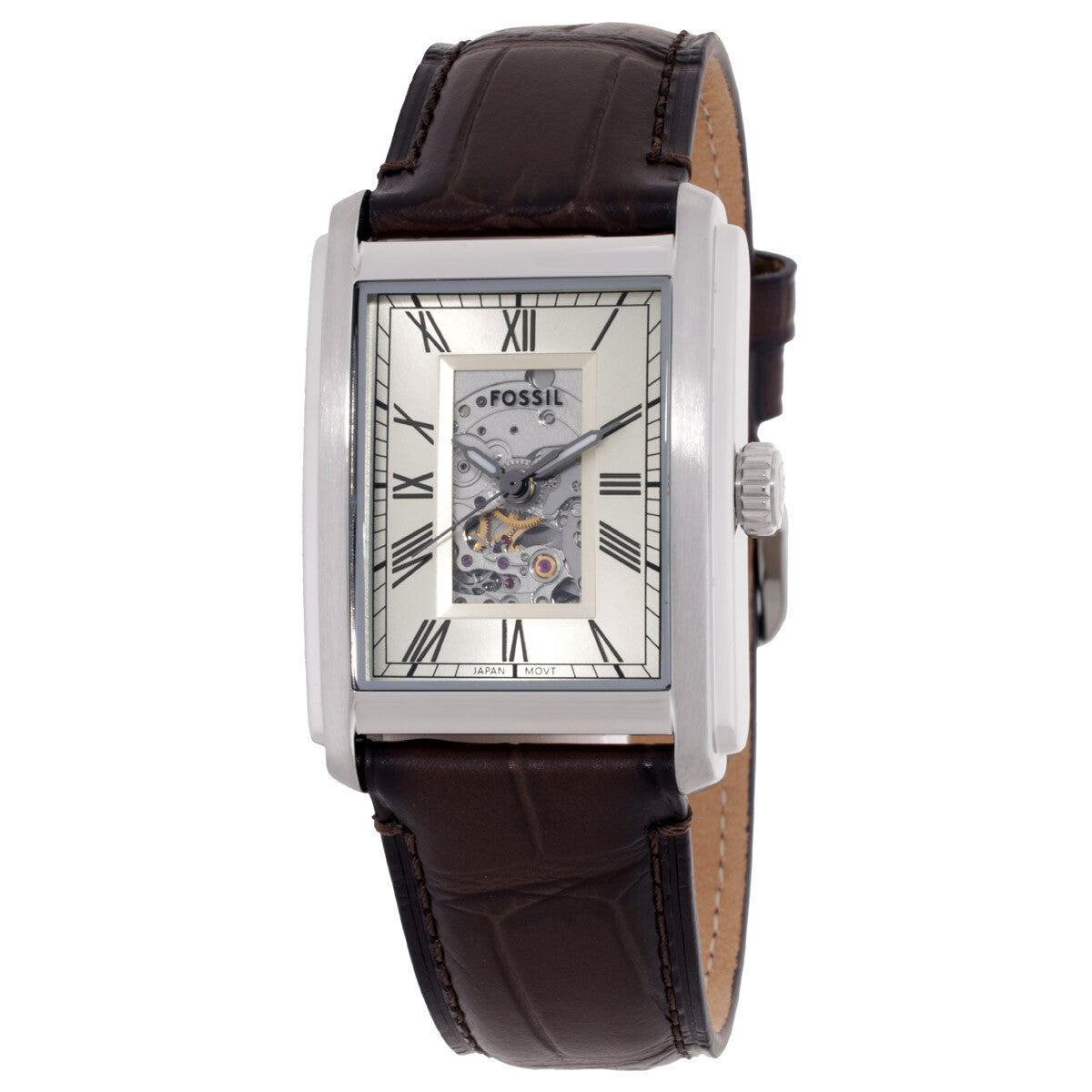 Fossil Carraway automatic watch with beige dial, Roman numerals, and brown crocodile leather strap
