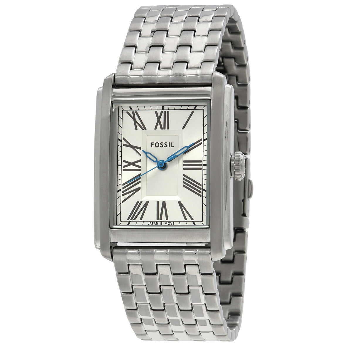 Fossil Carraway FS6008 rectangular stainless steel watch with cream dial and blue hands on metal bracelet