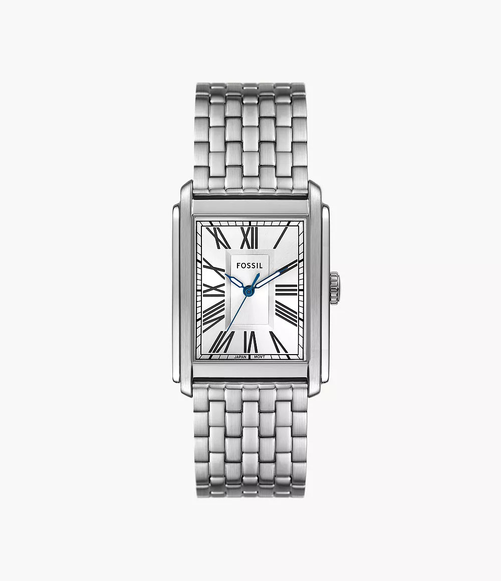 Fossil Carraway FS6008 three-hand stainless steel watch with silver dial and Roman numeral indexes