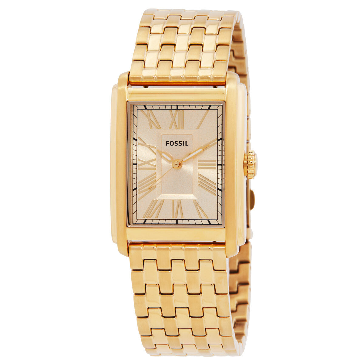 Fossil Carraway FS6009 gold-tone stainless steel men's watch with rectangular dial and Roman numerals
