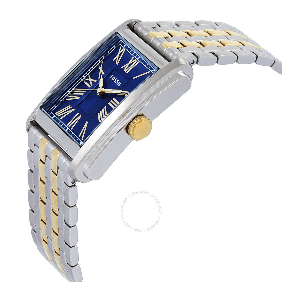 Side view of Fossil Carraway watch showing two-tone bracelet and rectangular case profile