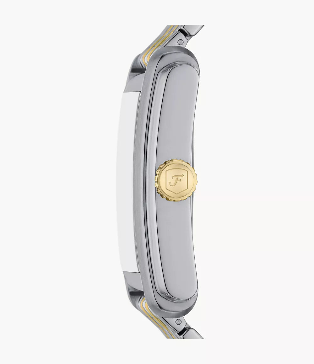 Side profile of Fossil Carraway rectangular case with two-tone crown and bezel