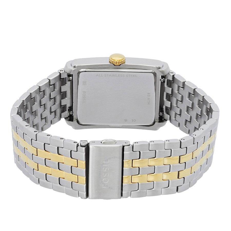 Back view of Fossil Carraway watch with two-tone bracelet and fold-over clasp