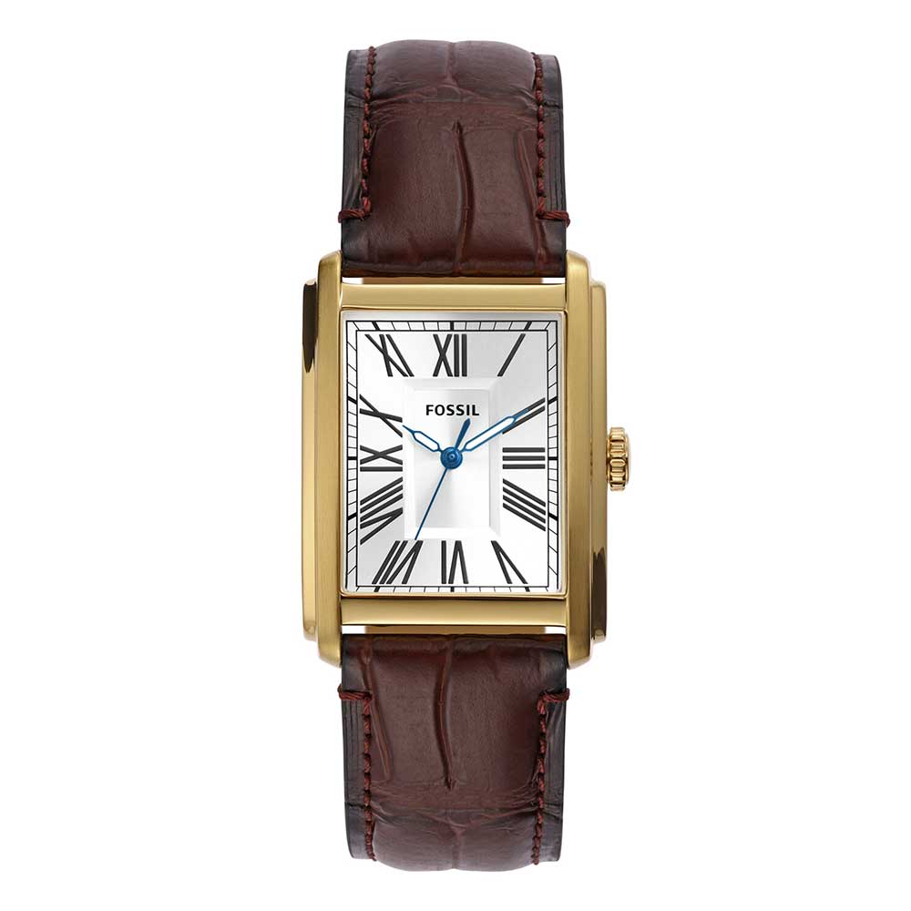 Fossil Carraway men's watch with gold-tone rectangular case, Roman numeral dial, and brown croco leather strap