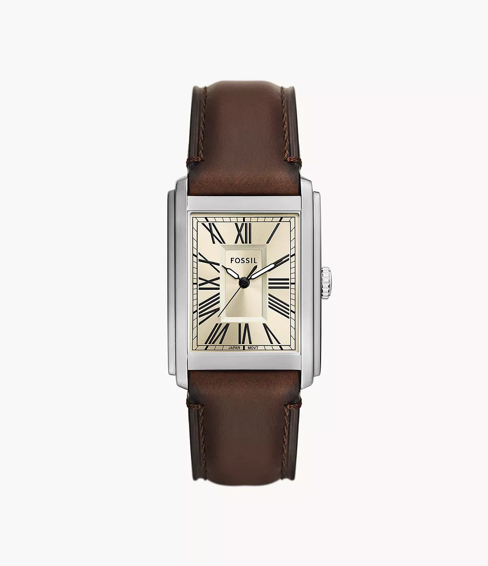 Fossil Carraway FS6012 watch with stainless steel rectangular case, cream dial, and brown leather strap