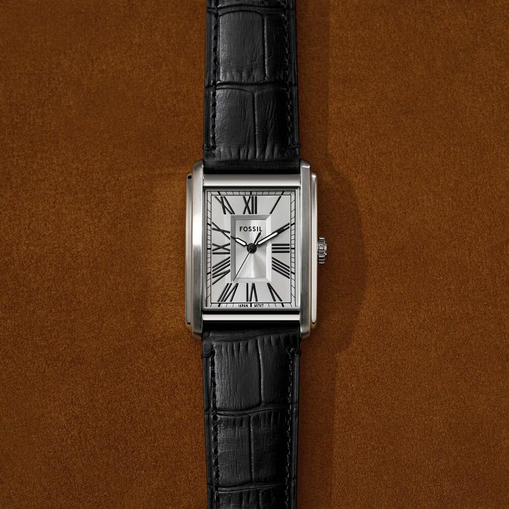 Fossil Carraway watch flat lay on brown background displaying dial and black croco leather strap