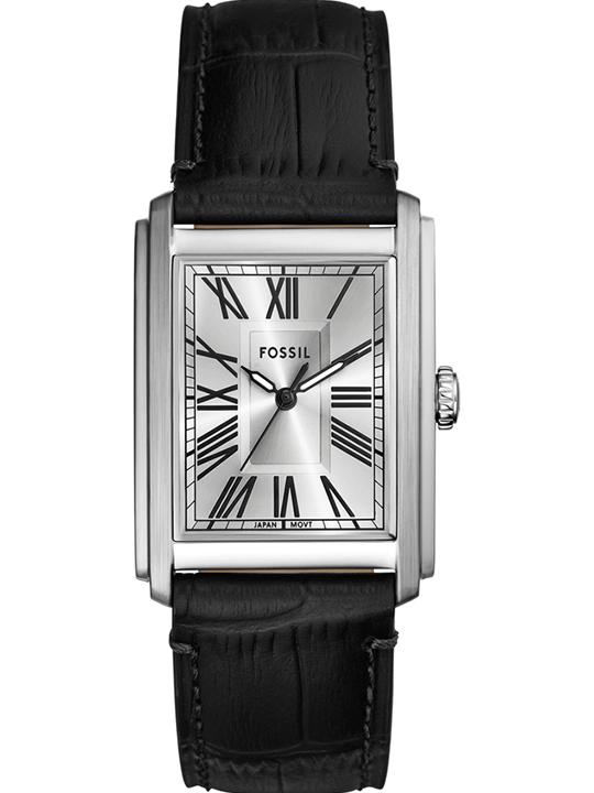 Fossil Carraway men's watch with rectangular silver case, white dial, black Roman numerals, black croco leather strap