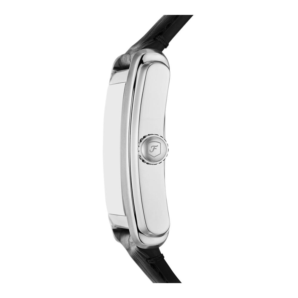 Side profile of Fossil Carraway watch showing silver case depth and black croco leather strap