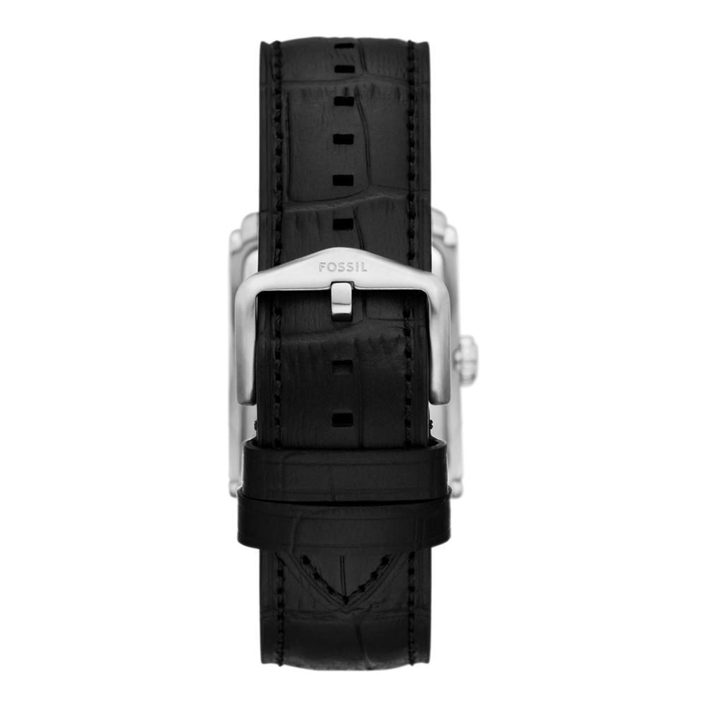 Fossil Carraway watch back view showing black crocodile textured leather strap and buckle