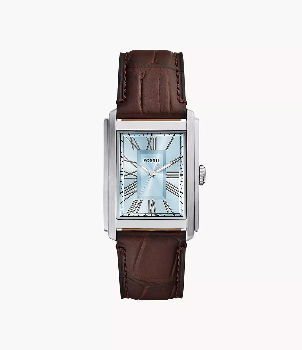 Fossil Carraway watch with rectangular silver case, light blue dial with Roman numerals, and brown croco leather strap