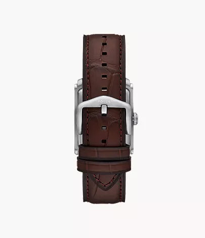 Side view of Fossil Carraway watch showing brown croco leather strap with stitching and silver case edge