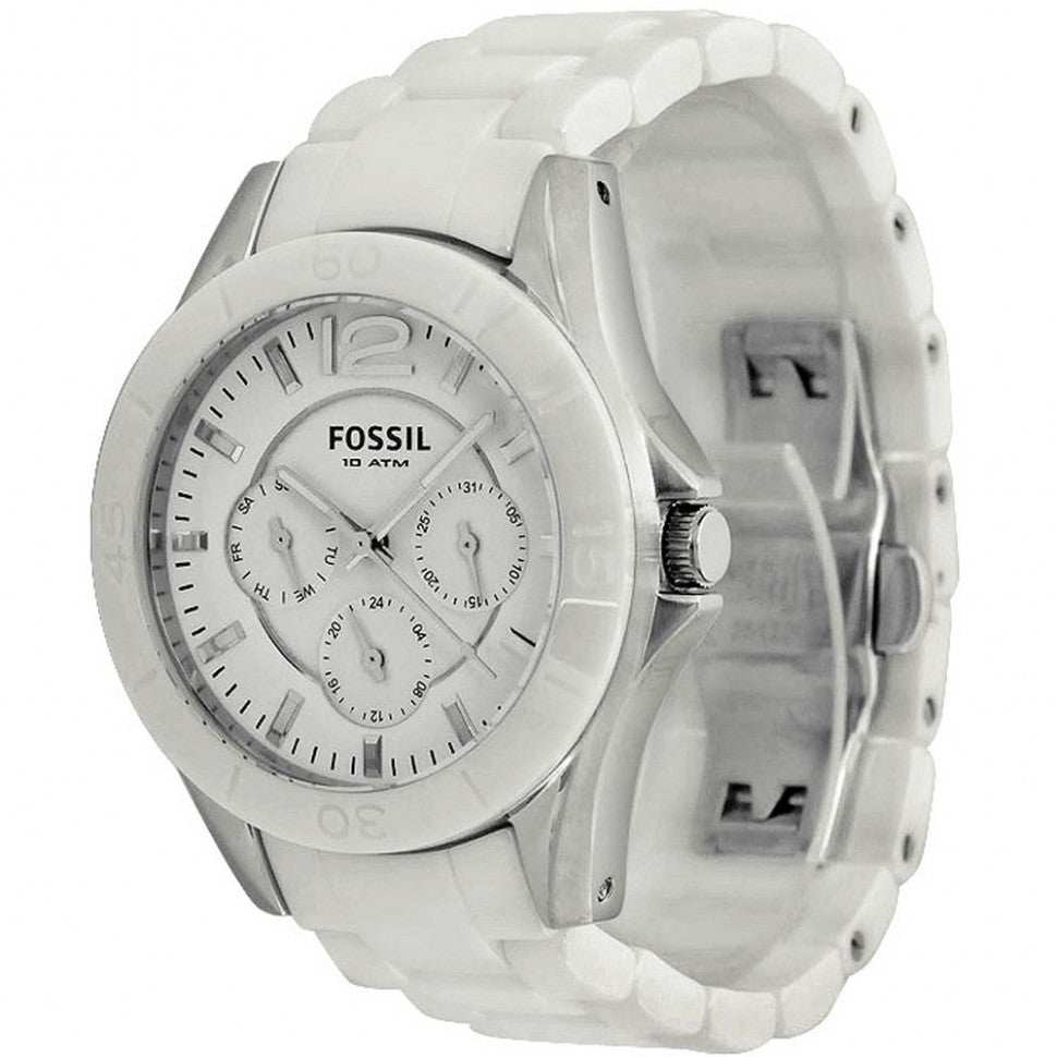 Fossil CE1002 watch side view showing white ceramic bracelet and silver-tone case
