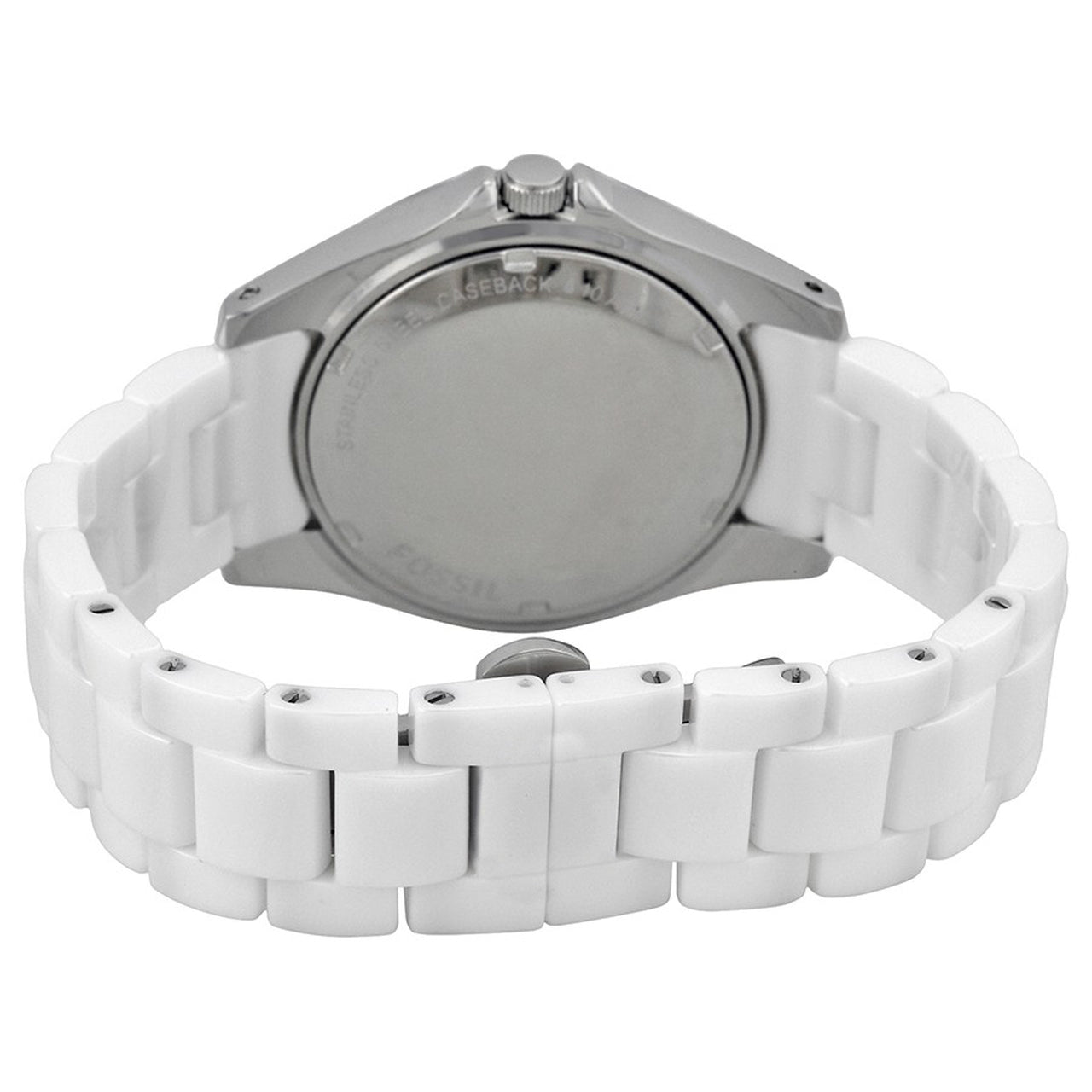 Fossil CE1002 watch caseback view showing silver-tone case and ceramic bracelet