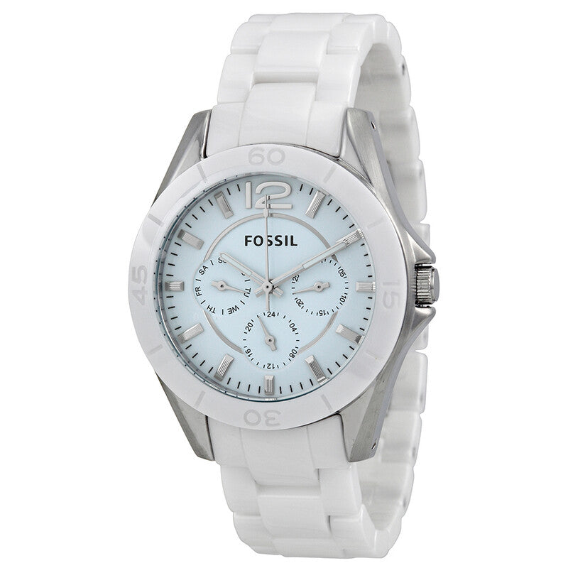 Fossil CE1002 white ceramic ladies watch with light blue dial and chronograph subdials