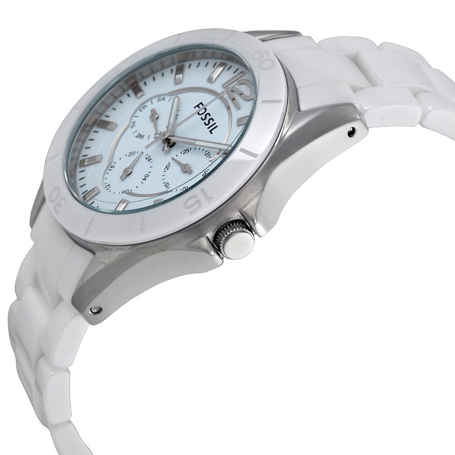 Fossil CE1002 ladies watch side profile with white ceramic bracelet and chronograph