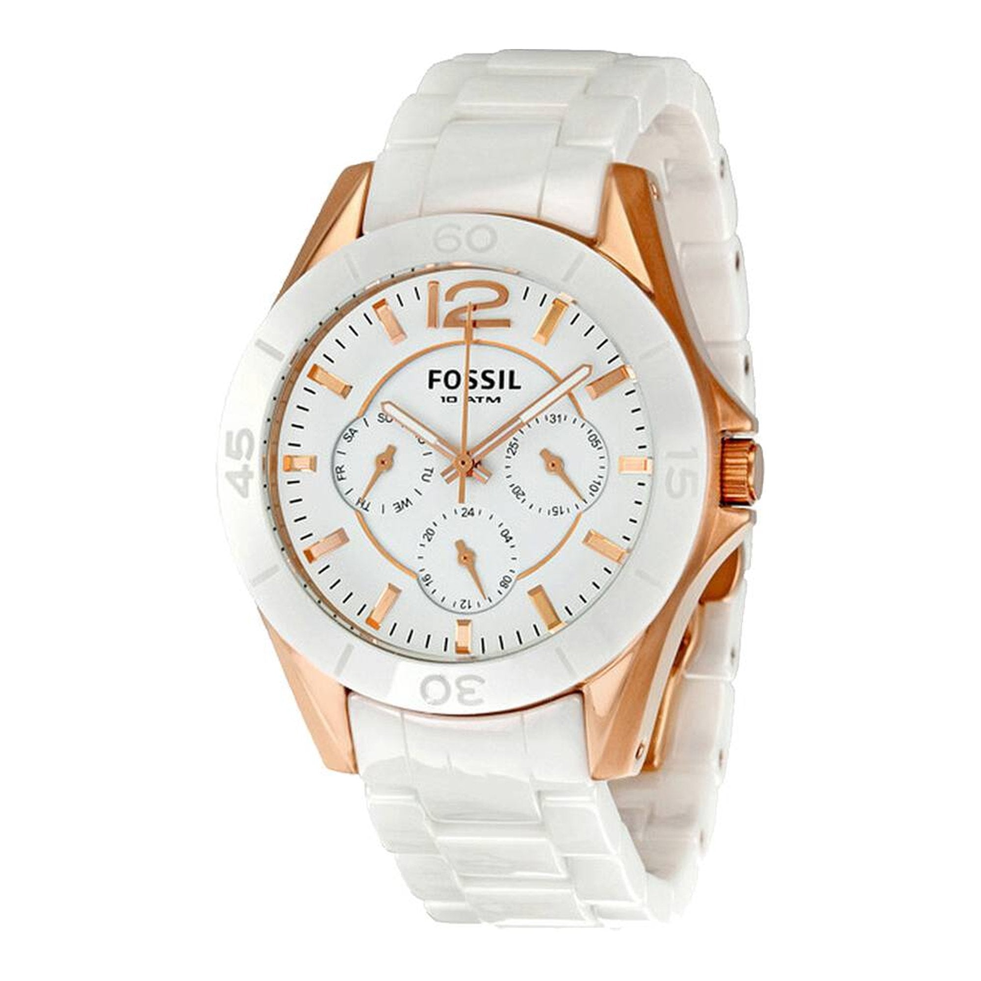 Fossil white ceramic women's watch with rose gold case and multi-function dial