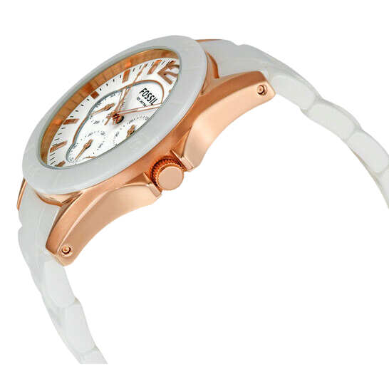 Fossil CE1006 angled view showcasing rose gold case with white ceramic band