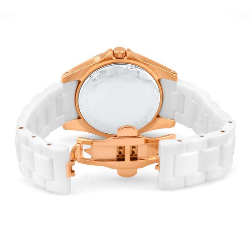 Fossil CE1006 caseback view displaying rose gold case and white ceramic links
