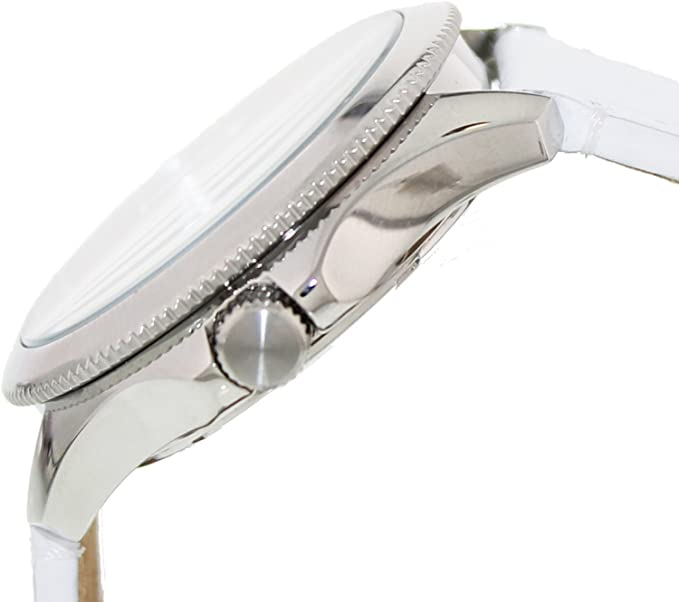 Fossil Cecile watch side profile with white leather strap and stainless steel case