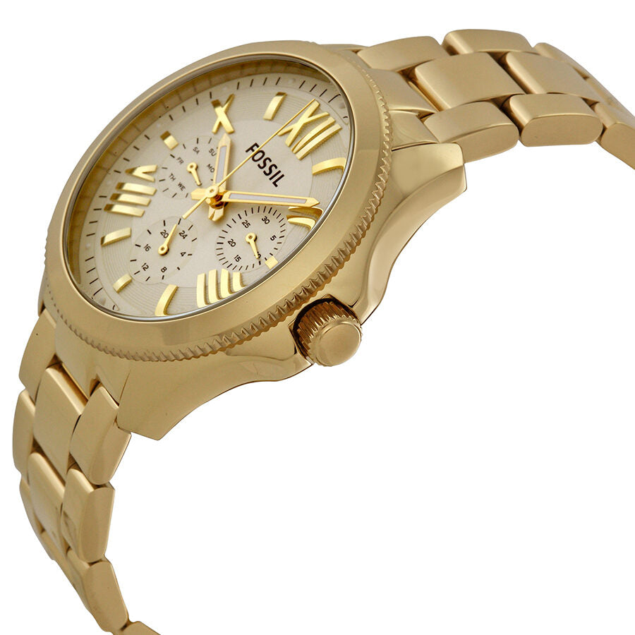 Fossil Cecile watch angled view showing champagne dial with Roman numerals and subdials