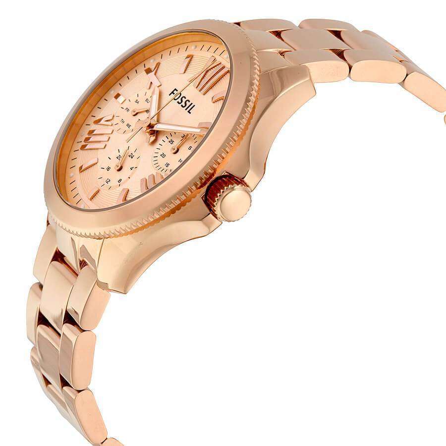 Fossil Cecile rose gold-tone watch angled view showing dial, crown, and bracelet