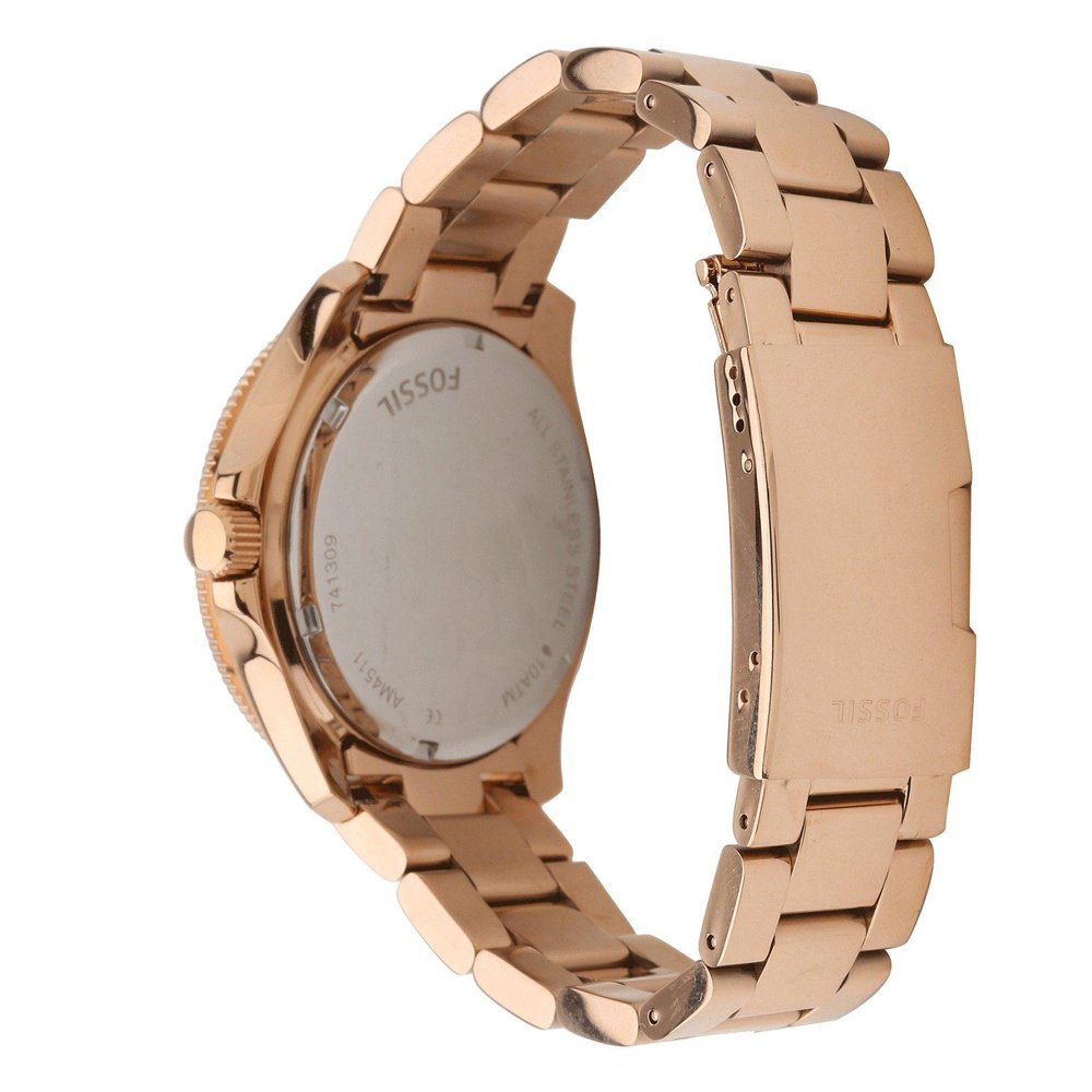 Fossil Cecile watch caseback and side profile of rose gold-tone bracelet