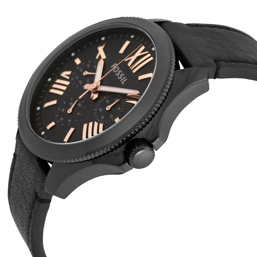 Side angle view of Fossil Cecile watch showing black case, black leather strap, and dial with rose gold accents