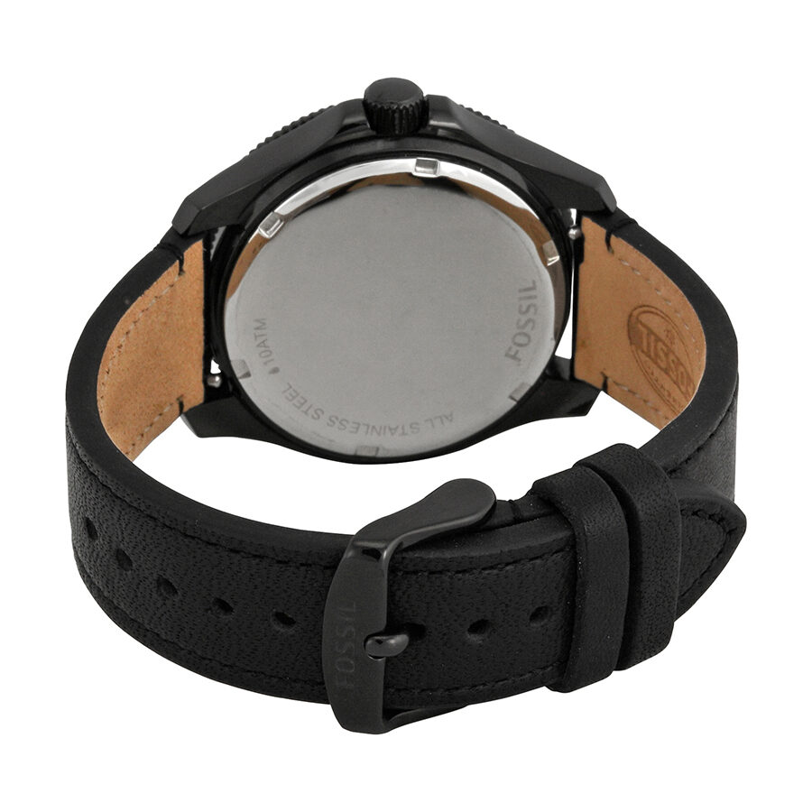 Fossil Cecile watch caseback showing stainless steel back and black leather strap with buckle