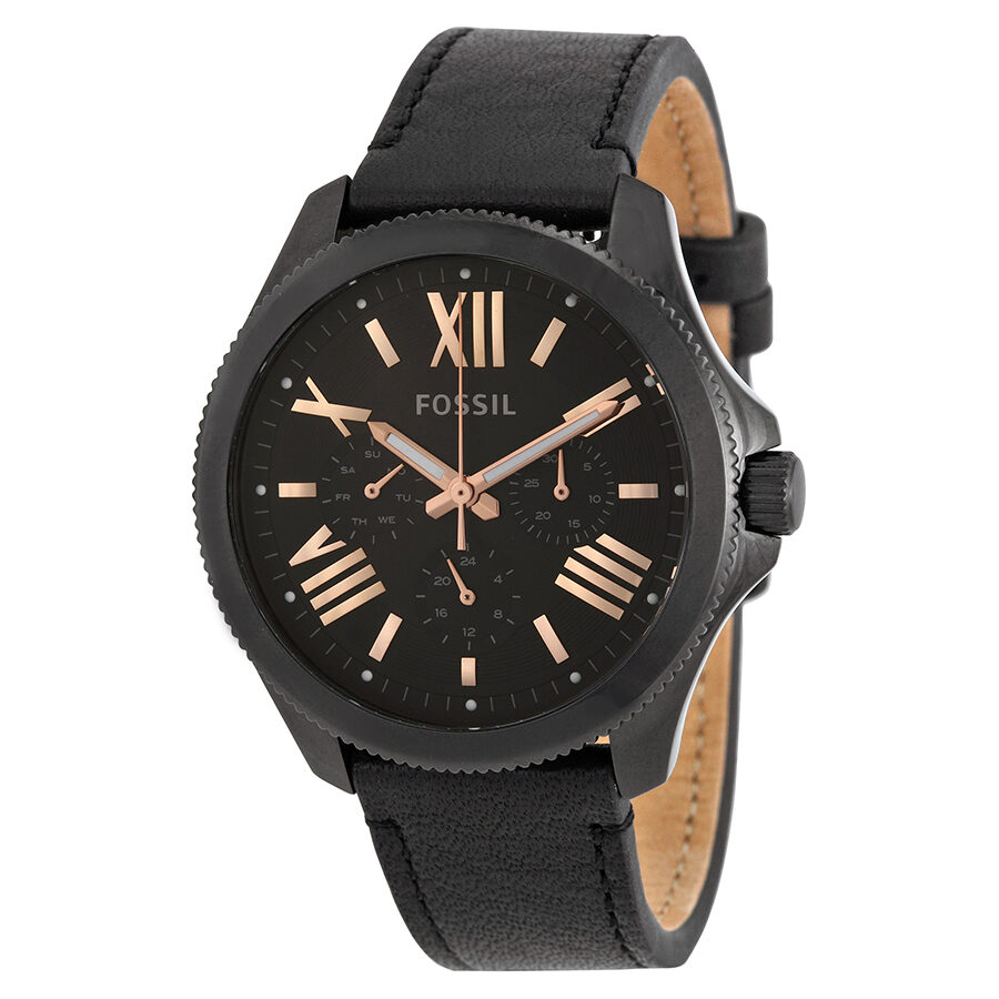 Fossil Cecile men's chronograph watch with black dial, rose gold Roman numerals, and black leather strap