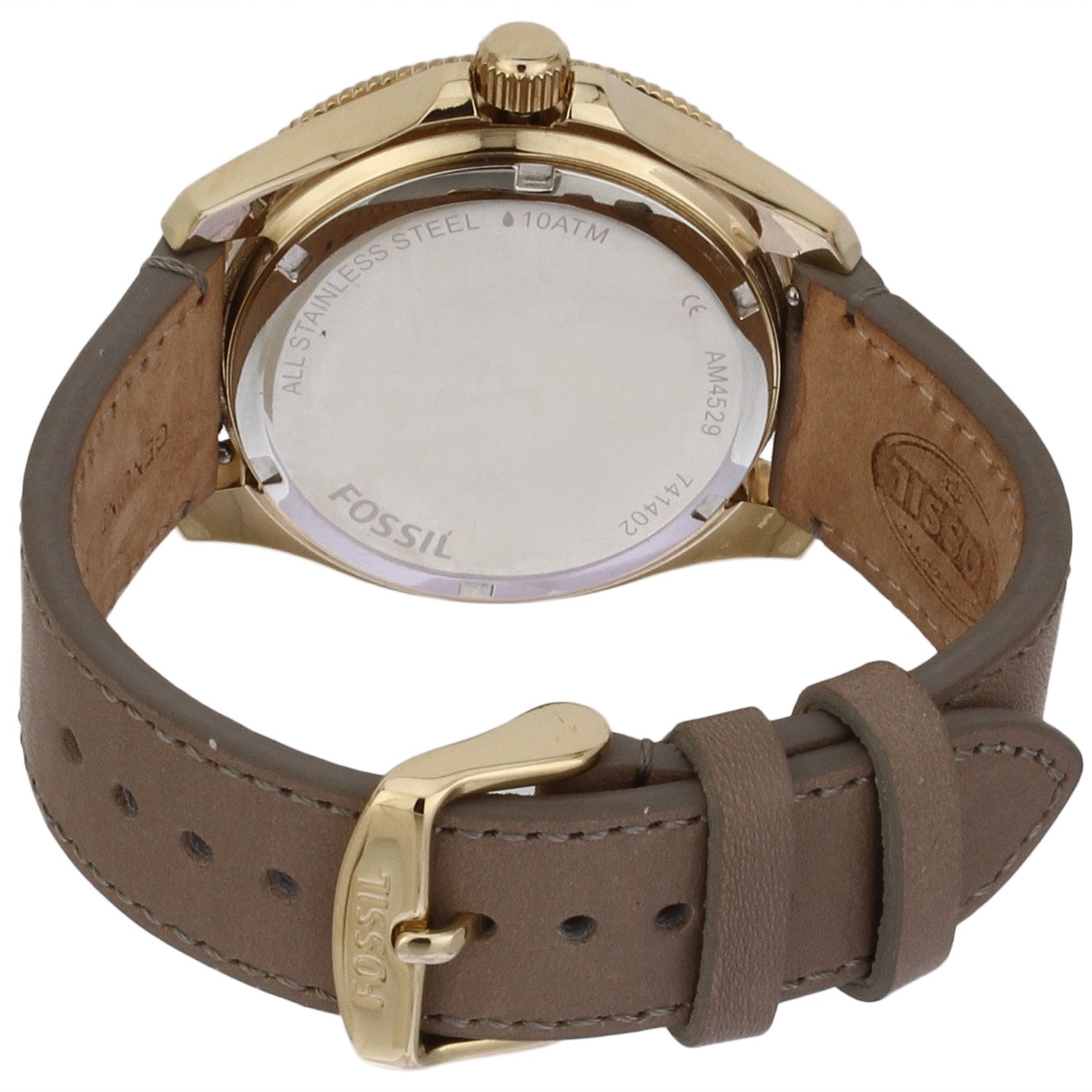 Caseback view of Fossil Cecile watch with grey leather strap and gold-tone buckle